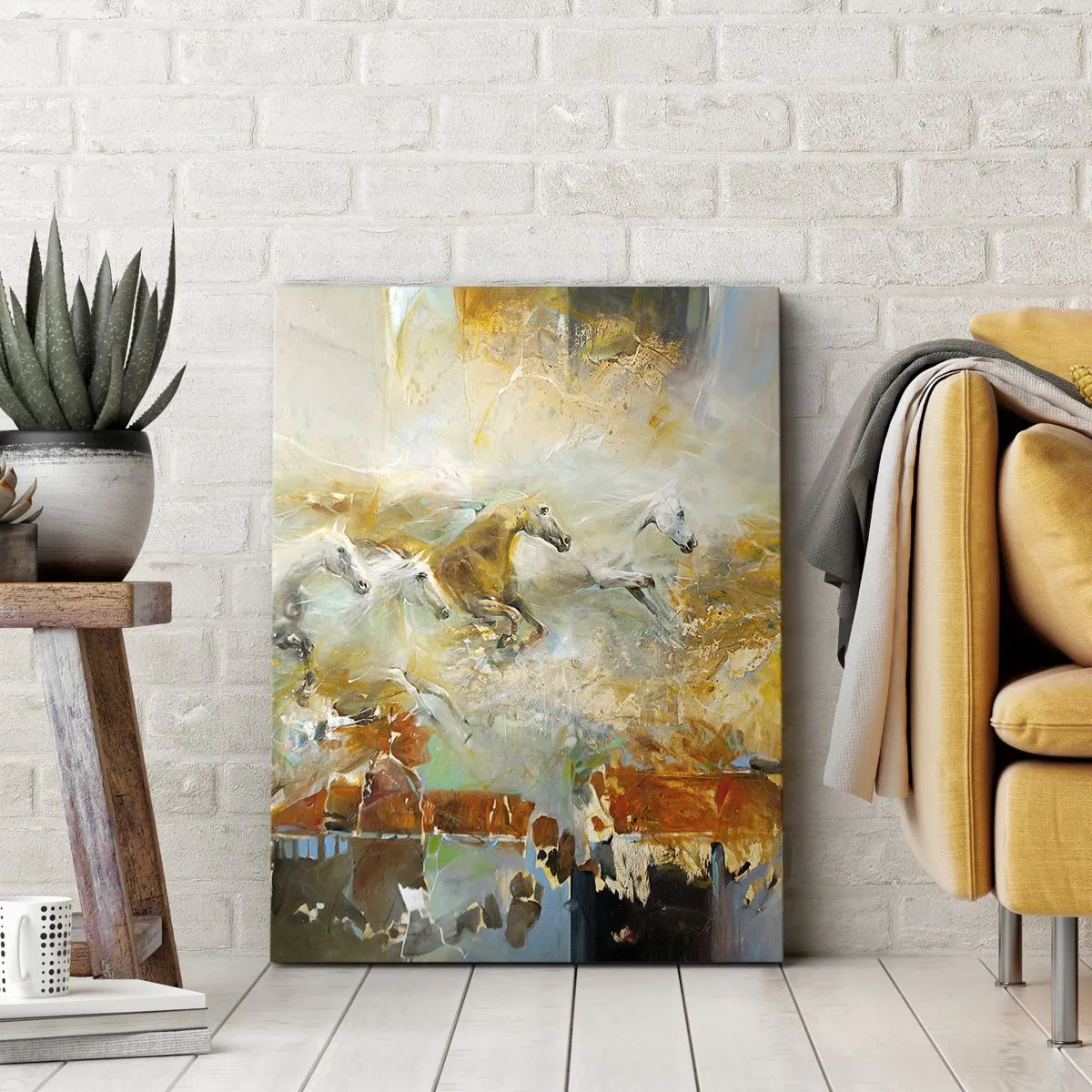Impression sur toile - Image sur toile - Des chevaux artistiques dans un cadre dynamique et coloré - 50x70cm - Au galop vers la lumière - Décoration murale moderne pour le salon et la chambre ARTTOR