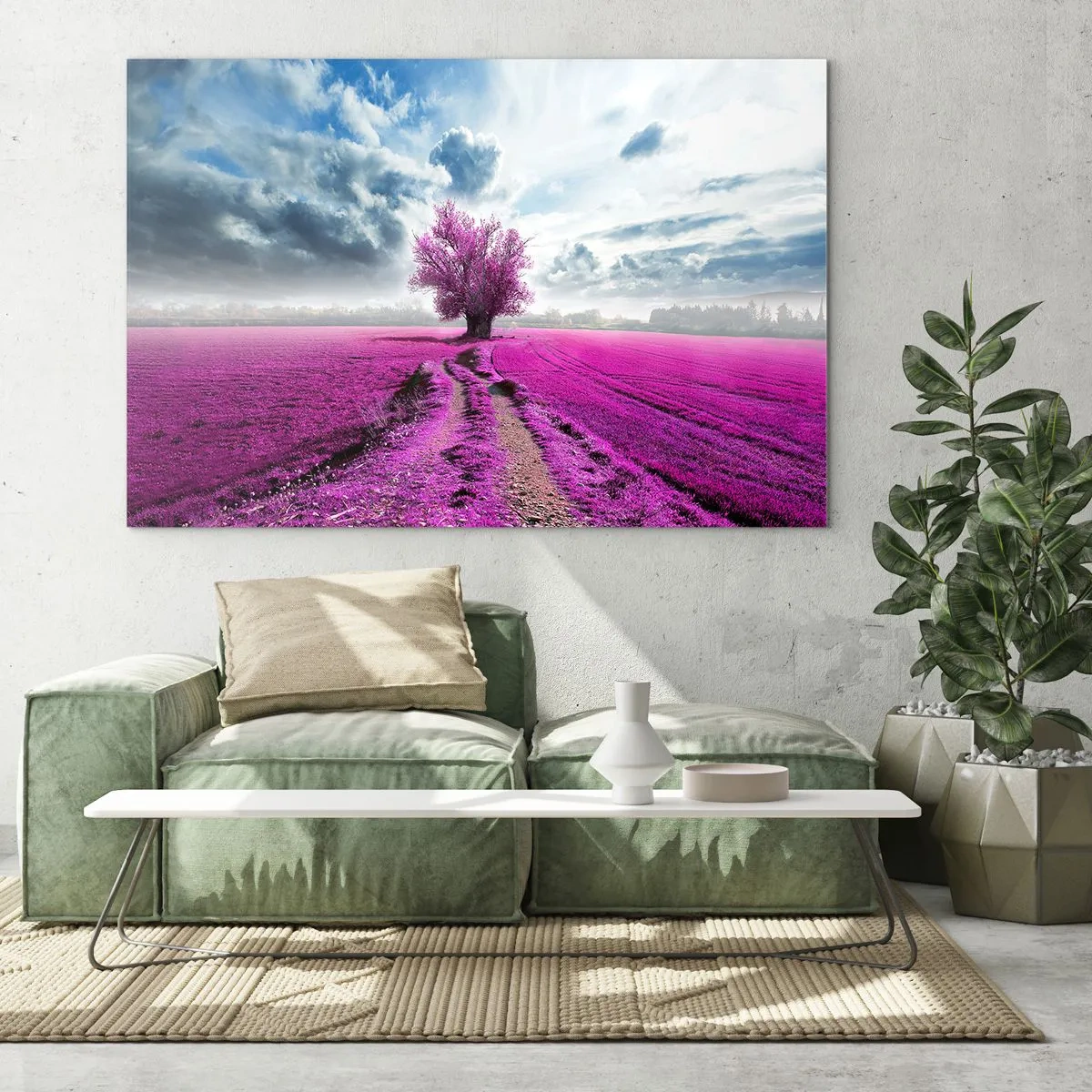 Impression sur verre - Image sur verre - Un arbre dans un champ de bruyère sous un ciel dynamique - 70x50cm - Lande - nature sauvage - Décoration murale moderne pour le salon et la chambre ARTTOR