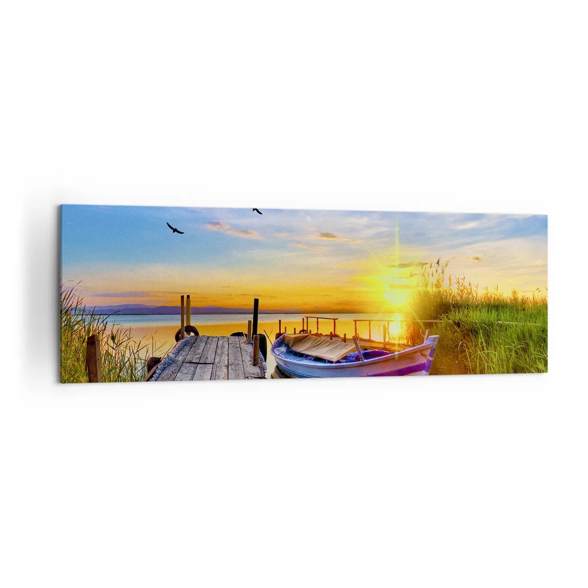 Impression sur toile - Image sur toile - Un bateau sur une jetée en bois au coucher du soleil - 160x50cm - Au revoir, à demain - Décoration murale moderne pour le salon et la chambre ARTTOR