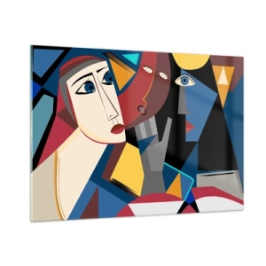Impression sur verre - Image sur verre - Visages cubistes aux couleurs intenses - 100x70cm - Une conversation entre cubistes - Décoration murale moderne pour le salon et la chambre ARTTOR