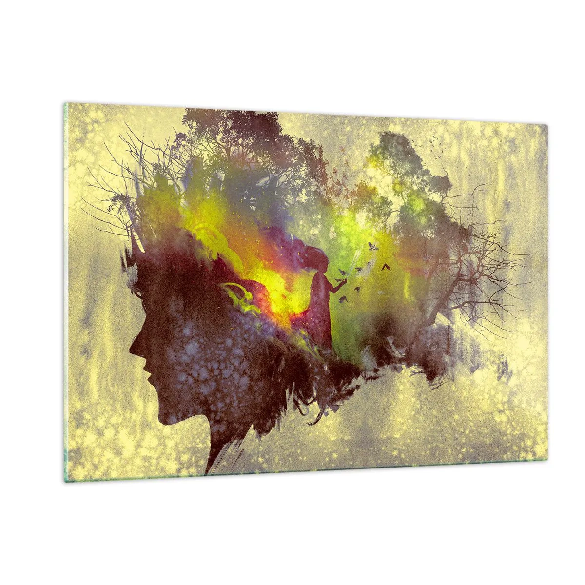 Impression sur verre - Image sur verre - Profil de visage de femme rempli de nature et d'effets colorés. - 120x80cm - Mère Nature - Décoration murale moderne pour le salon et la chambre ARTTOR