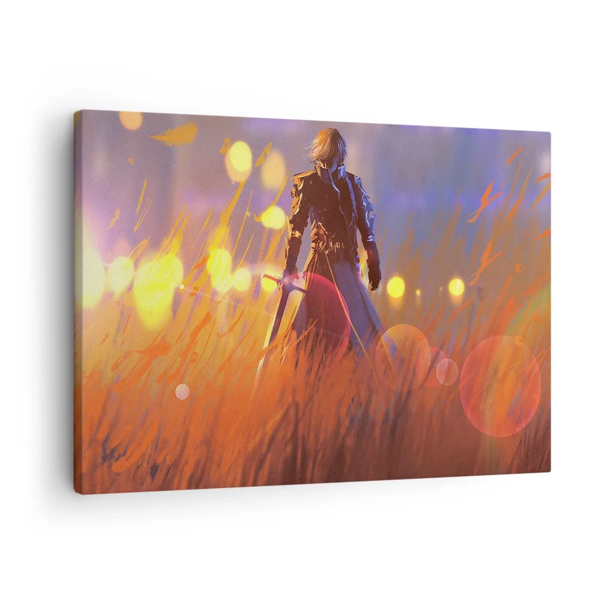 Impression sur toile - Image sur toile - La figure d'un chevalier à la lumière du soleil couchant dans un champ - 70x50cm - Chevalier errant - Décoration murale moderne pour le salon et la chambre ARTTOR