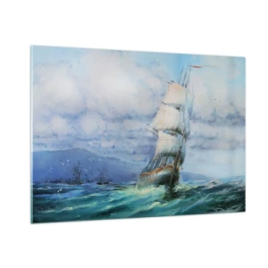 Impression sur verre - Image sur verre - Un navire avec des voiles naviguant sur une mer agitée sous un ciel nuageux - 100x70cm - Vents favorables - Décoration murale moderne pour le salon et la chambre ARTTOR