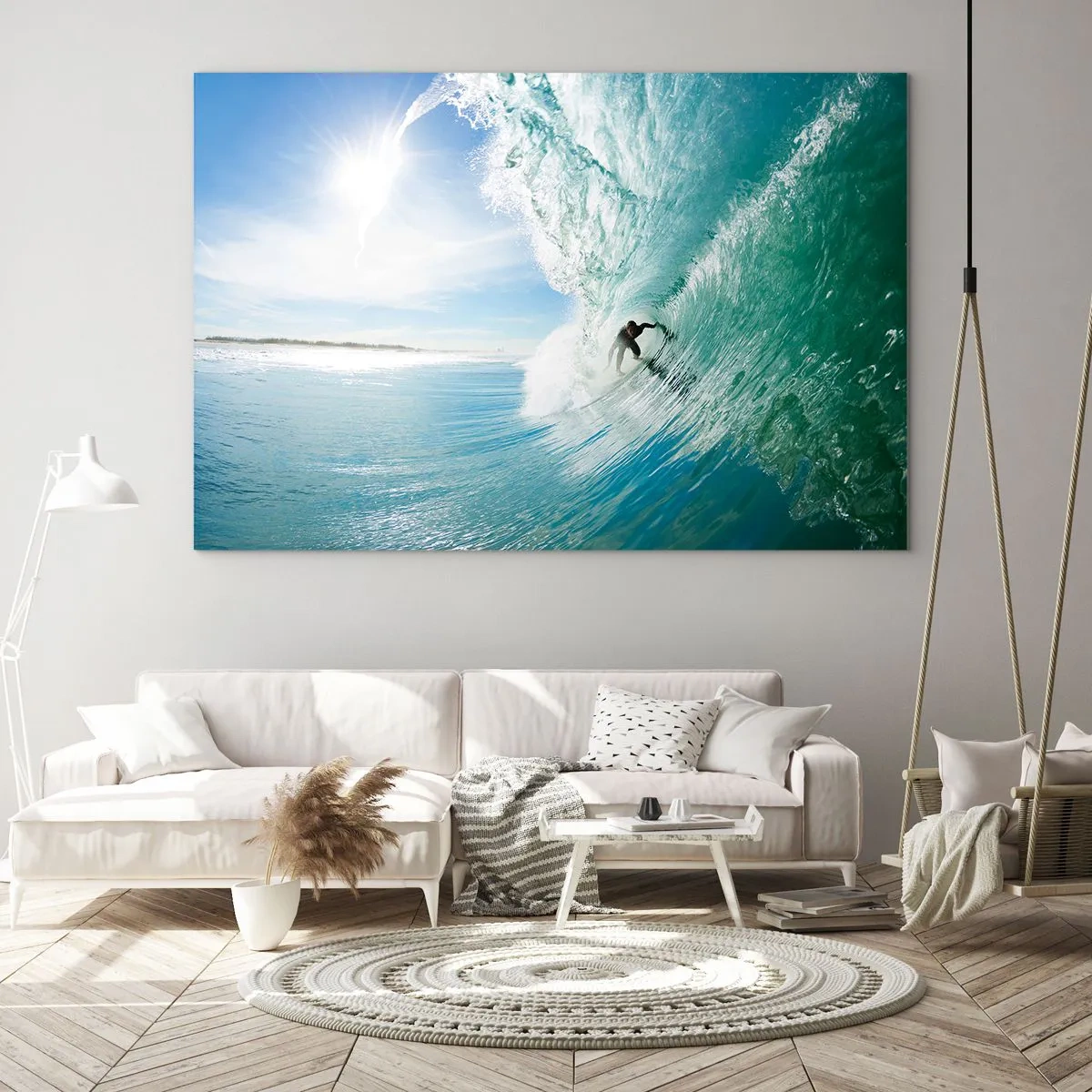 Impression sur verre - Image sur verre - Un surfeur chevauchant une vague contre un ciel bleu - 70x50cm - Toujours sur la vague - Décoration murale moderne pour le salon et la chambre ARTTOR