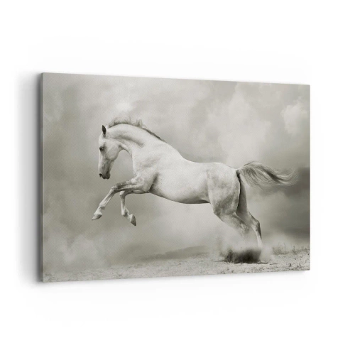 Impression sur toile - Image sur toile - Un cheval blanc dans un saut dynamique sur fond de nuages brumeux. - 120x80cm - Entre le réveil et le sommeil - Décoration murale moderne pour le salon et la chambre ARTTOR
