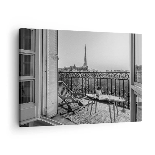 Impression sur toile - Image sur toile - Vue sur la Tour Eiffel depuis le balcon avec transats et table - 70x50cm - Après-midi parisien - Décoration murale moderne pour le salon et la chambre ARTTOR