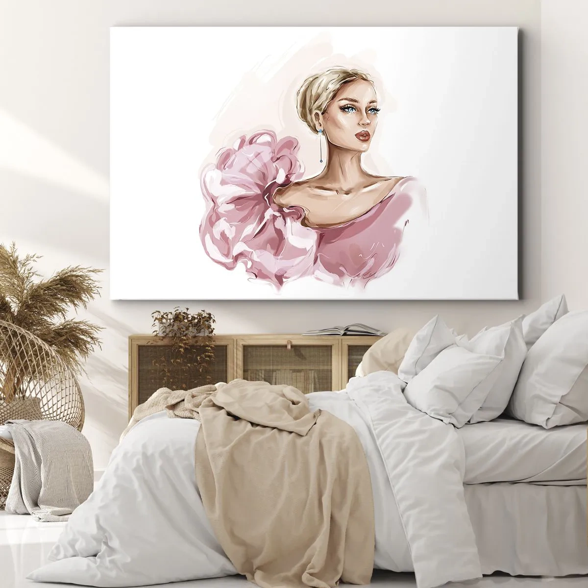 Impression sur toile - Image sur toile - Portrait d'une femme en robe rose sur fond clair - 70x50cm - Comme peinte... - Décoration murale moderne pour le salon et la chambre ARTTOR
