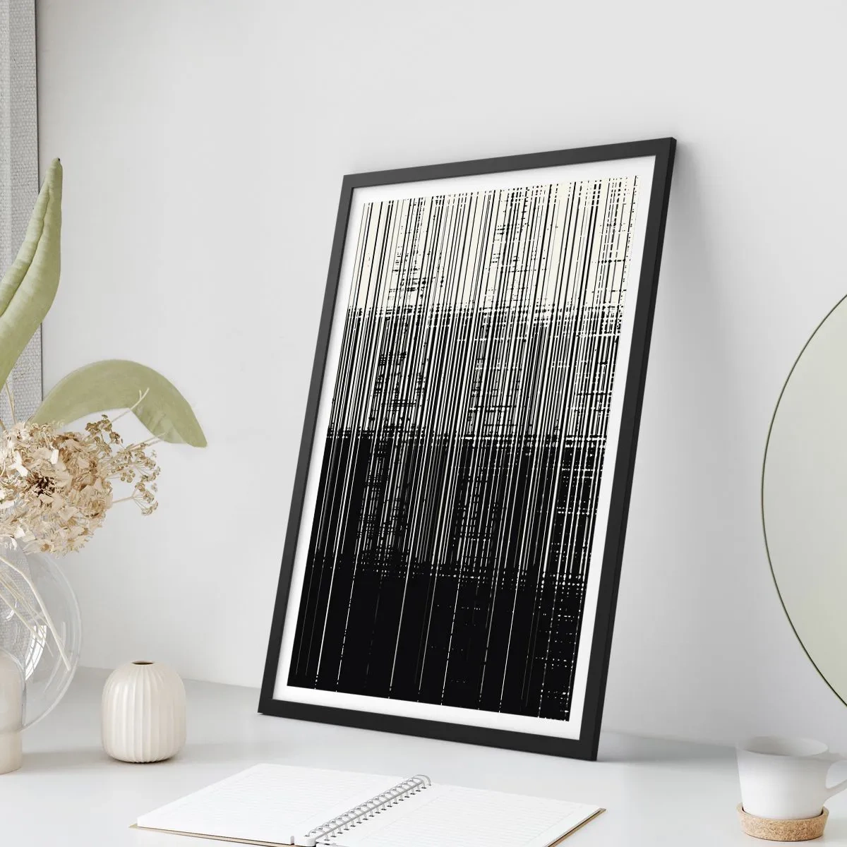 Affiche dans un cadre noir - Poster - Composition abstraite de lignes noires sur fond blanc - 50x70cm - Ondes et vibrations - Décoration murale moderne pour le salon et la chambre ARTTOR