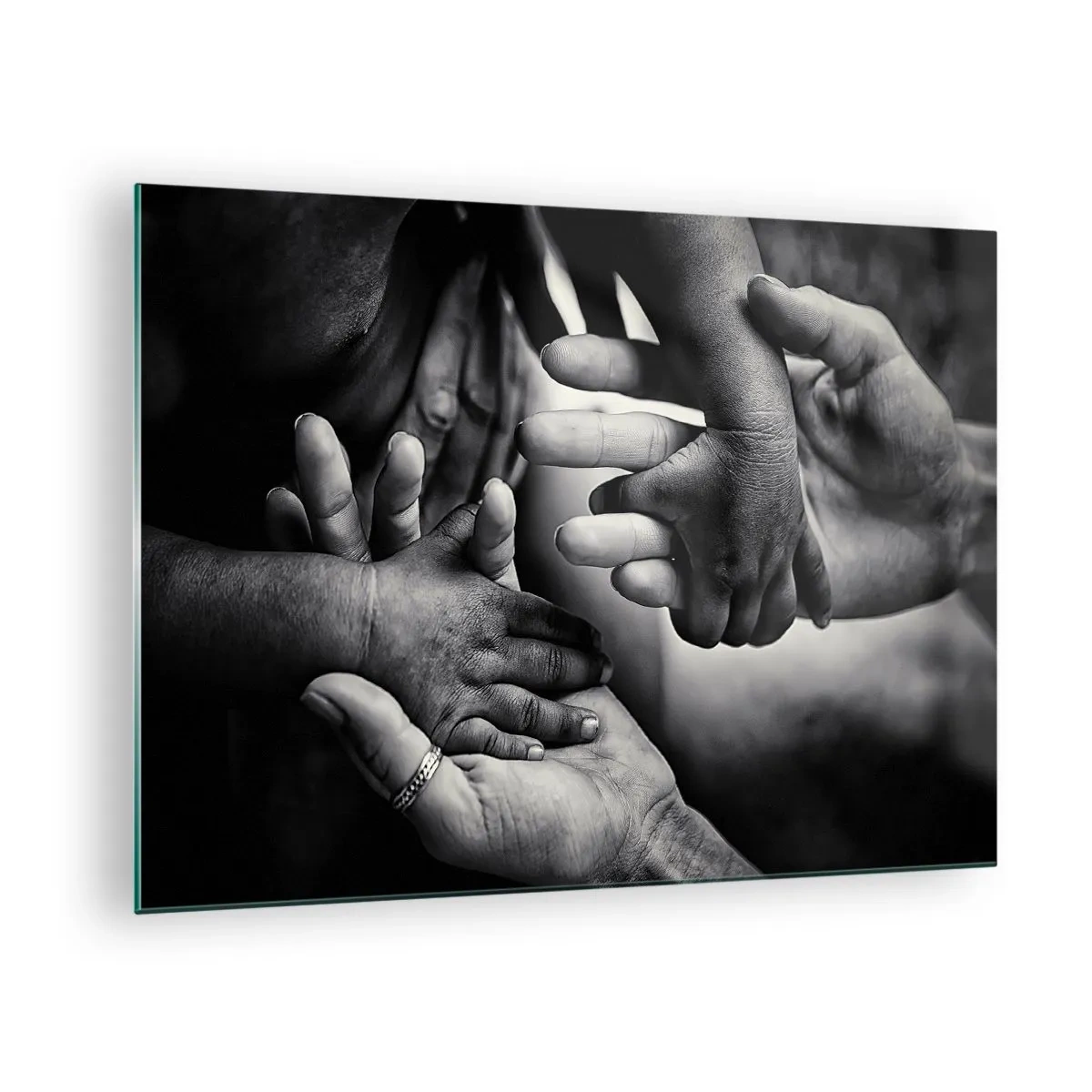 Impression sur verre - Image sur verre - Poignée de main symbolique en noir et blanc de différentes générations - 70x50cm - Être humain - Décoration murale moderne pour le salon et la chambre ARTTOR