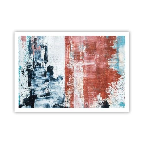 Affiche - Poster - Abstraction aux couleurs blanc, bleu et brique - 100x70cm - Moitié-moitié abstrait - Décoration murale moderne pour le salon et la chambre ARTTOR