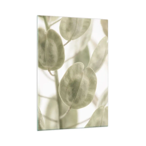 Impression sur verre - Image sur verre - Une peinture délicate de feuilles dans des tons pastel de vert sur un fond clair. - 70x100cm - Au commencement il y avait des feuilles... - Décoration murale moderne pour le salon et la chambre ARTTOR