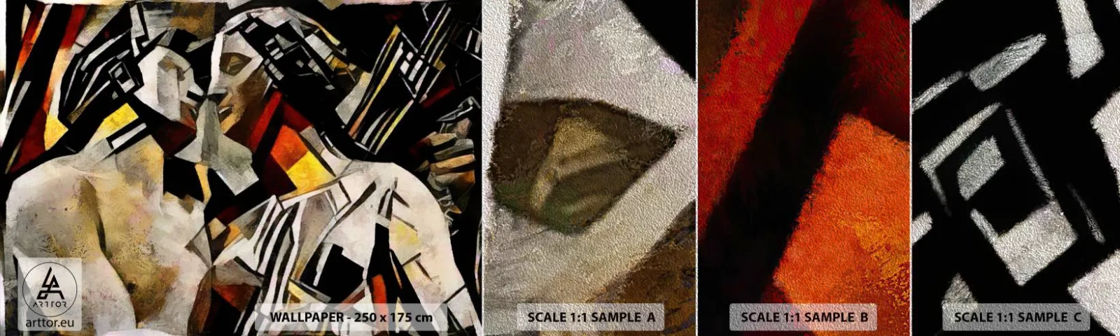 Échantillon de Papier Peint Premium Sand - Un baiser sculptural - Couple amoureux, Cubisme, Baiser - 100x30 cm