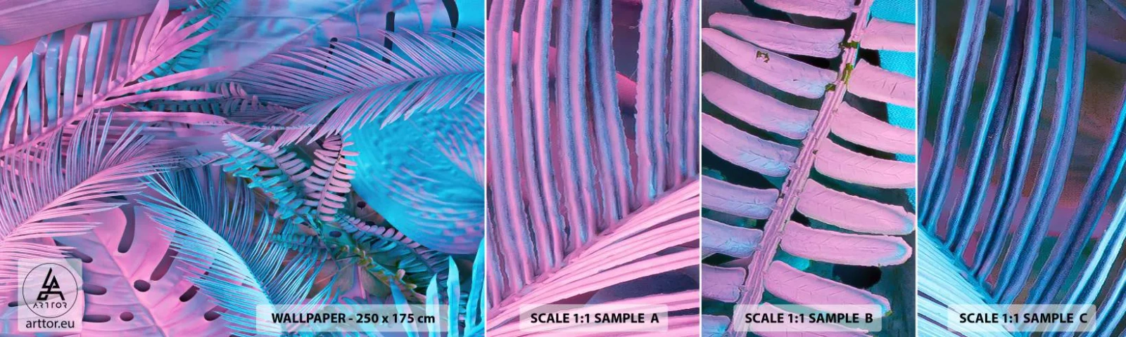 Échantillon de Papier Peint Autocollant Deluxe Sticker - Les tropiques en rose et bleu - Abstraction, Feuilles, Plante tropicale - 100x30 cm