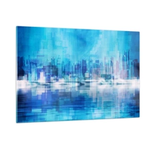 Impression sur verre - Image sur verre - Un panorama urbain moderne dans des tons bleus - 120x80cm - Noyé dans le bleu - Décoration murale moderne pour le salon et la chambre ARTTOR