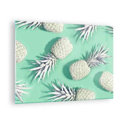 Impression sur verre - Image sur verre - Ananas blancs sur fond menthe dans une composition artistique - 70x50cm - Ils se combinent très bien avec la menthe - Décoration murale moderne pour le salon et la chambre ARTTOR