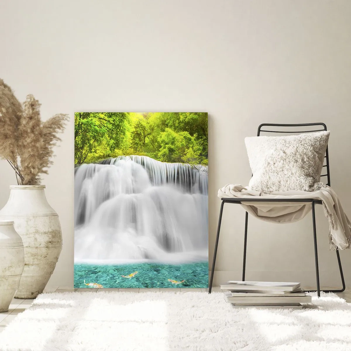 Impression sur verre - Image sur verre - Une cascade dans une forêt tropicale avec de l'eau turquoise - 70x100cm - Une cascade mousseuse du vert à l'azur - Décoration murale moderne pour le salon et la chambre ARTTOR