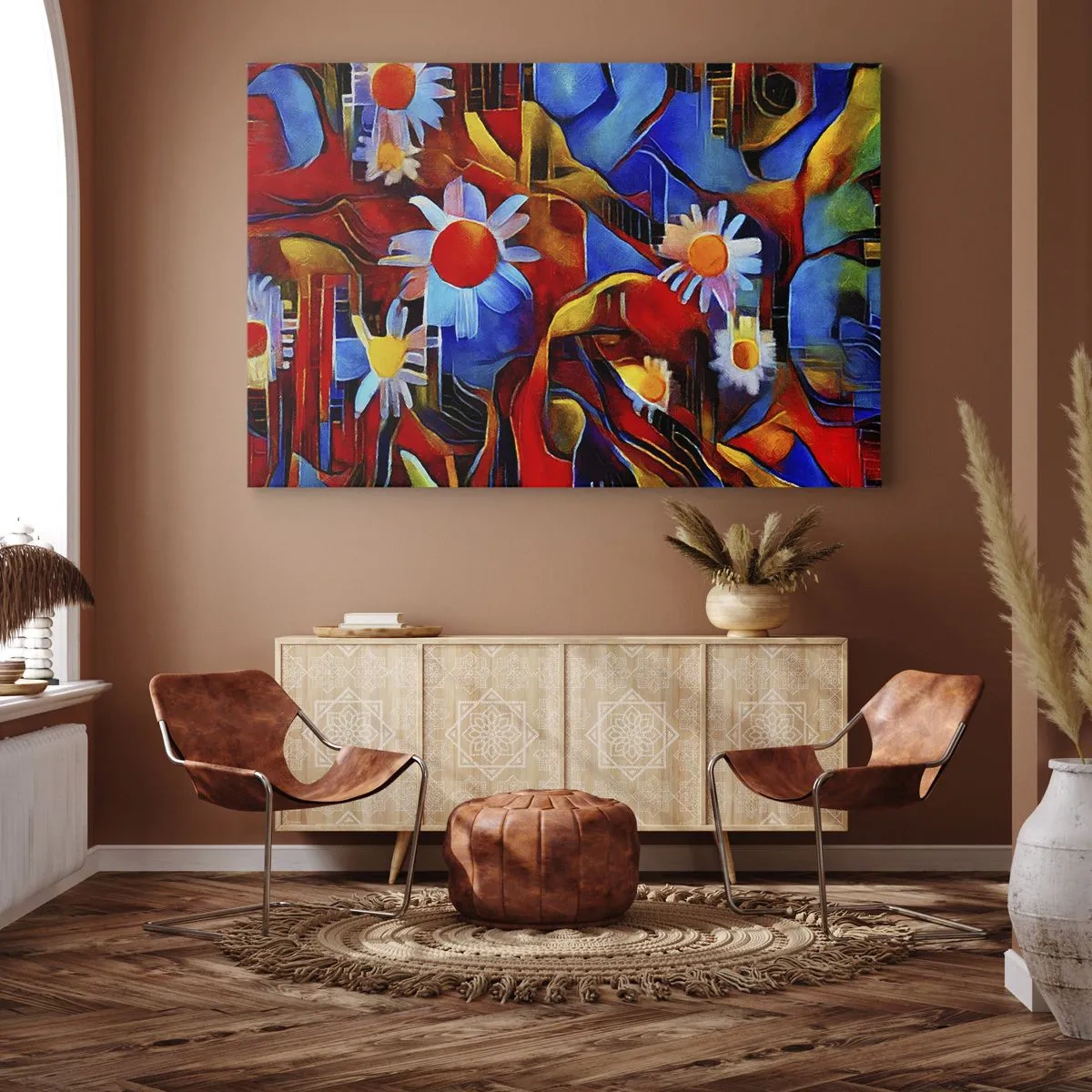 Impression sur toile - Image sur toile - Fleurs abstraites sur fond de motifs géométriques - 70x50cm - Les couleurs de la vie - Décoration murale moderne pour le salon et la chambre ARTTOR