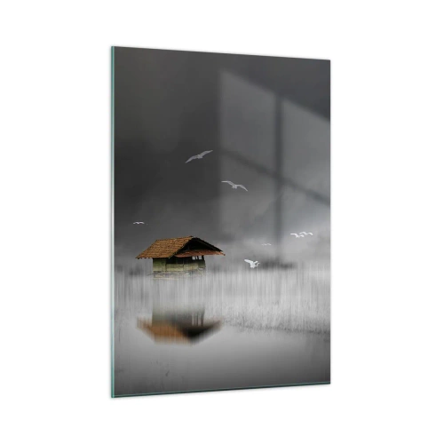 Impression sur verre - Image sur verre - Une maison sur l'eau dans le brouillard avec des oiseaux qui volent - 50x70cm - A l'abri de la pluie - Décoration murale moderne pour le salon et la chambre ARTTOR