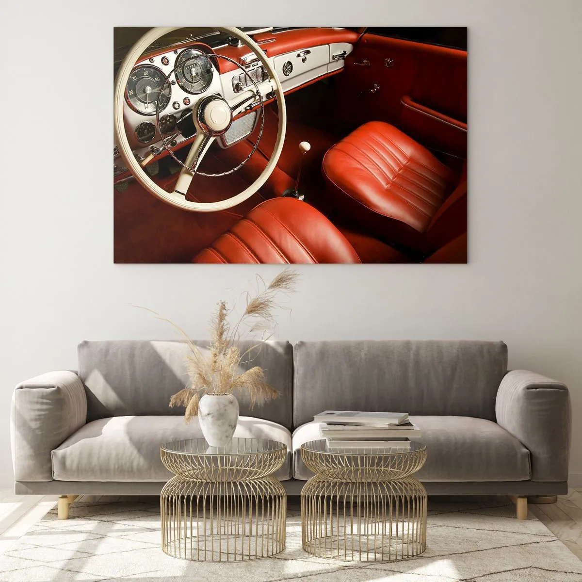 Impression sur verre - Image sur verre - Intérieur de voiture classique avec sièges rouges - 100x70cm - Luxe de style vintage - Décoration murale moderne pour le salon et la chambre ARTTOR