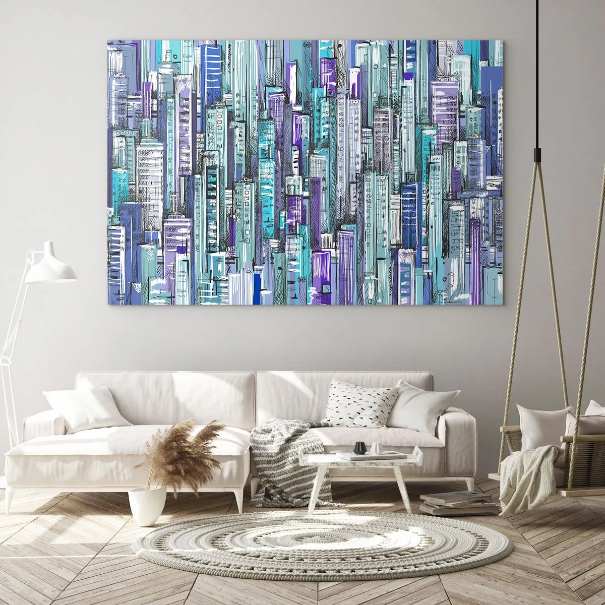 Impression sur verre - Image sur verre - Illustration d'une ville pleine de gratte-ciels aux teintes froides - 70x50cm - Bleuâtre avec le ciel - Décoration murale moderne pour le salon et la chambre ARTTOR