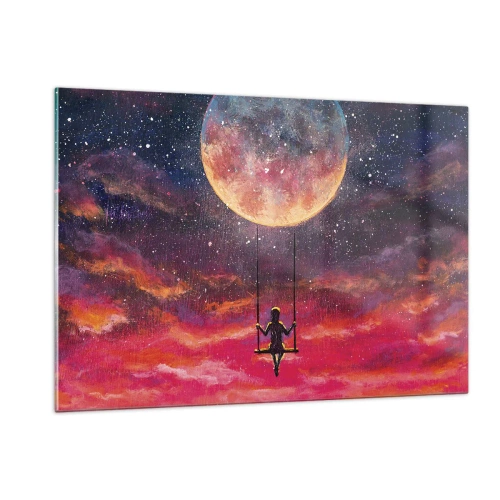 Impression sur verre - Image sur verre - Une fille sur une balançoire suspendue sous la lune - 120x80cm - Se balancer dans les nuages - Décoration murale moderne pour le salon et la chambre ARTTOR