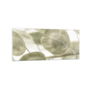 Impression sur verre - Image sur verre - Une peinture délicate de feuilles dans des tons pastel de vert sur un fond clair. - 120x50cm - Au commencement il y avait des feuilles... - Décoration murale moderne pour le salon et la chambre ARTTOR