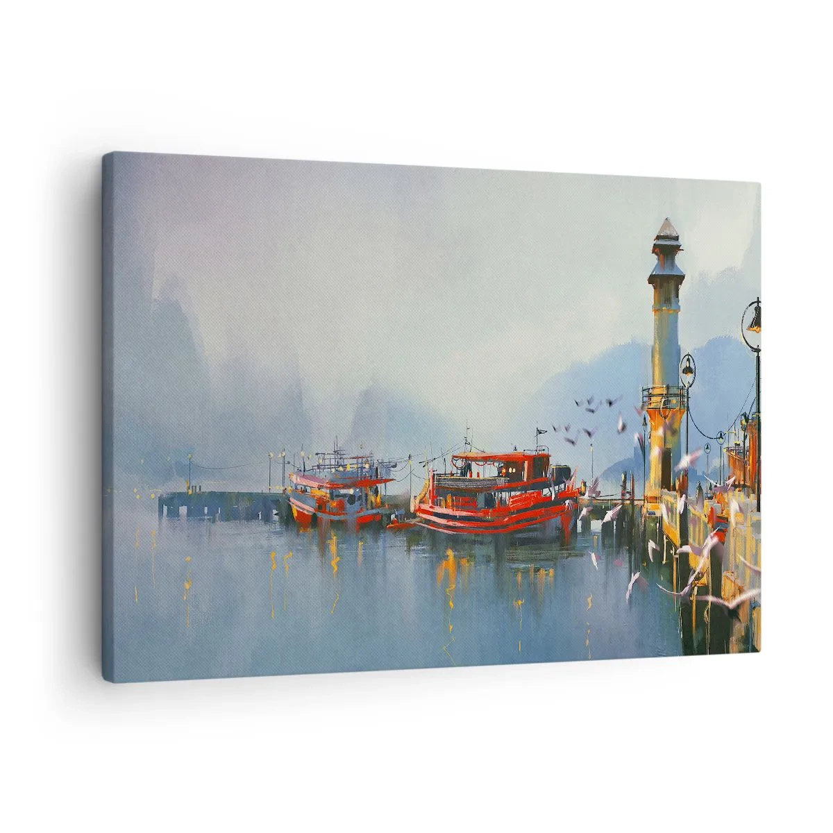 Impression sur toile - Image sur toile - Un port avec des bateaux rouges entouré d'un paysage brumeux - 70x50cm - Na końcu świata - Décoration murale moderne pour le salon et la chambre ARTTOR