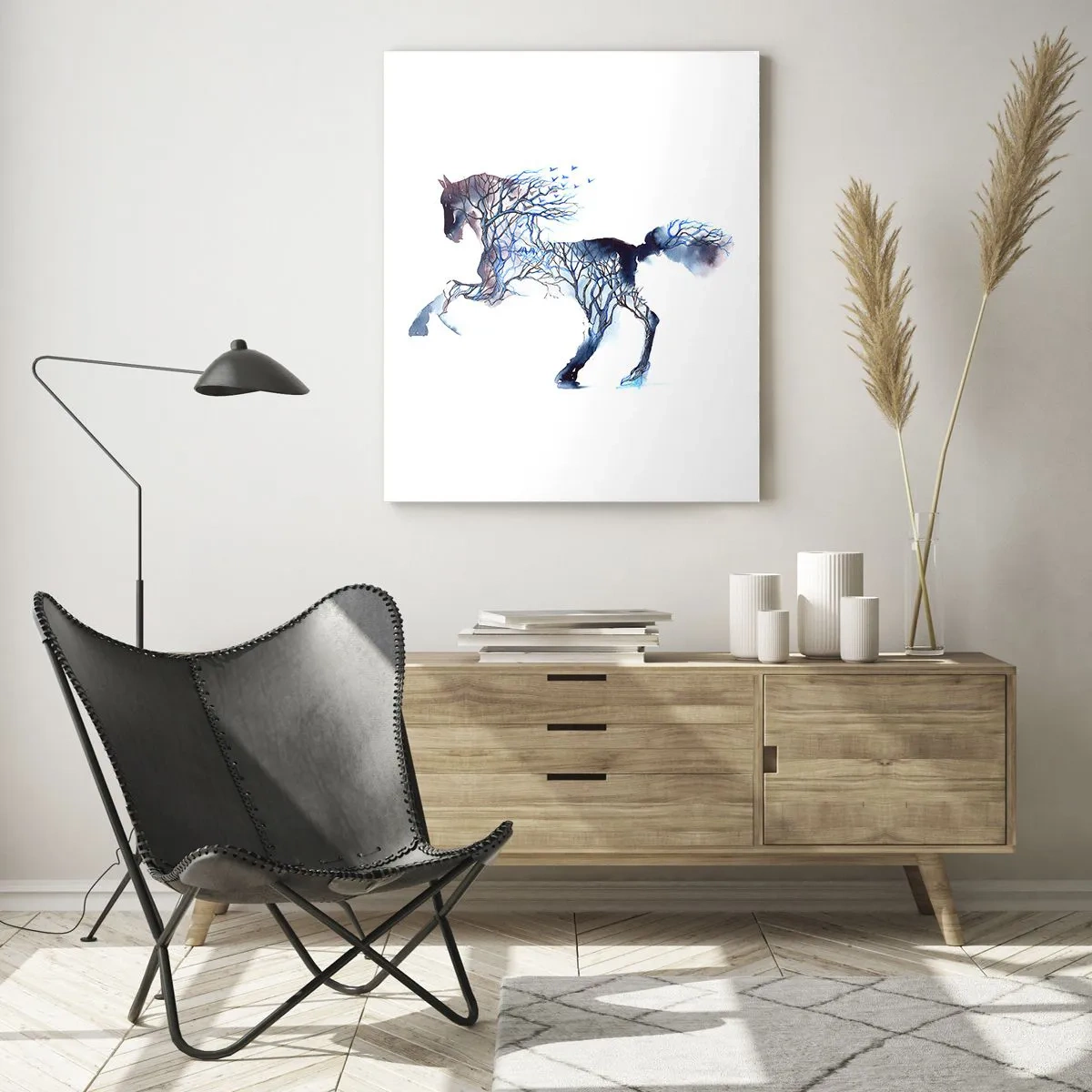 Impression sur verre - Image sur verre - Graphique artistique de cheval avec des motifs d'arbres et d'oiseaux - 80x120cm - Comme si la forêt avait bougé - Décoration murale moderne pour le salon et la chambre ARTTOR