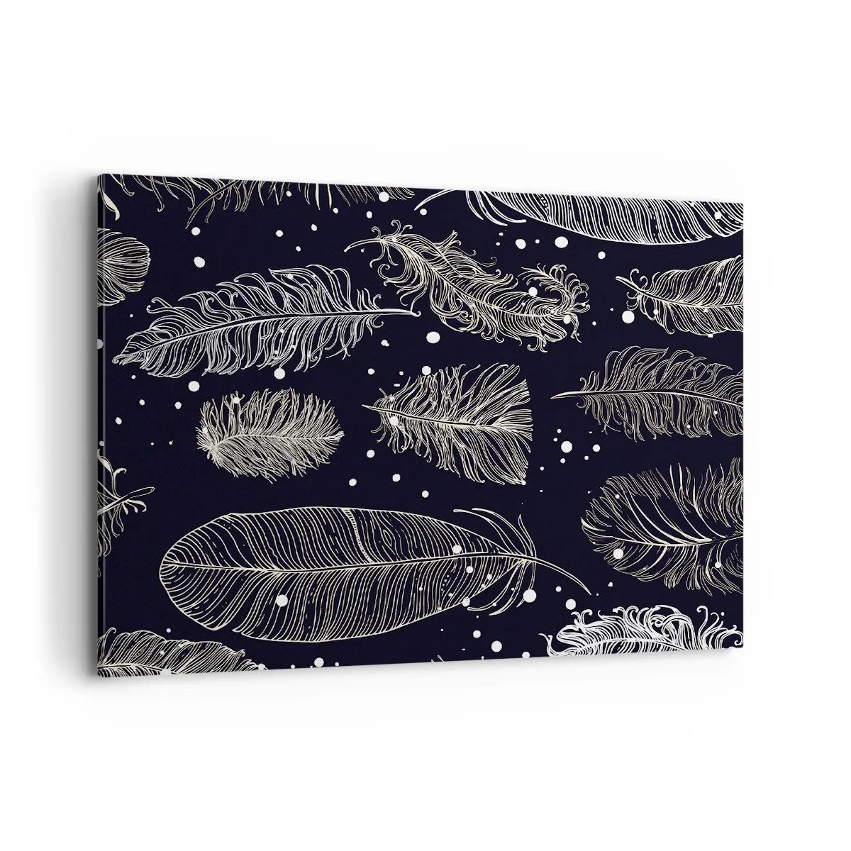 Impression sur toile - Image sur toile - Plumes blanches délicates sur fond bleu marine - 100x70cm - Toile de plumes - Décoration murale moderne pour le salon et la chambre ARTTOR