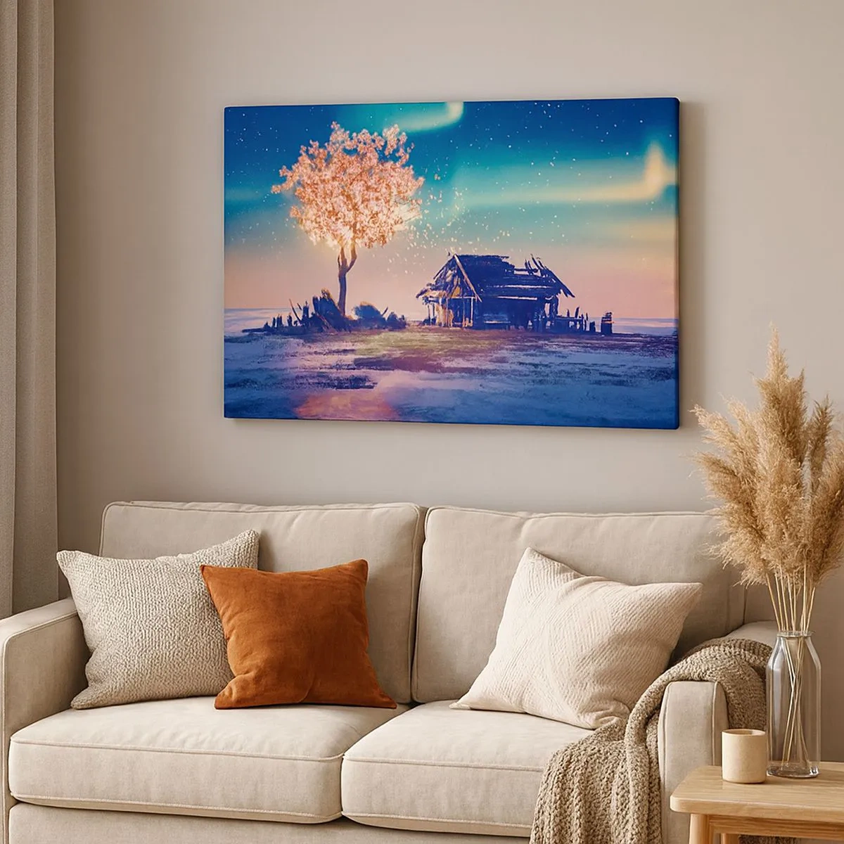 Impression sur toile - Image sur toile - Une maison et un arbre en fleurs sous le ciel nocturne - 70x50cm - La nature ne passe pas - Décoration murale moderne pour le salon et la chambre ARTTOR