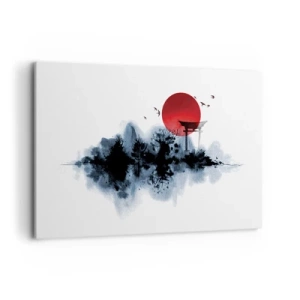 Impression sur toile - Image sur toile - Soleil rouge sur un paysage pittoresque avec torii - 120x80cm - Vue japonnaise - Décoration murale moderne pour le salon et la chambre ARTTOR