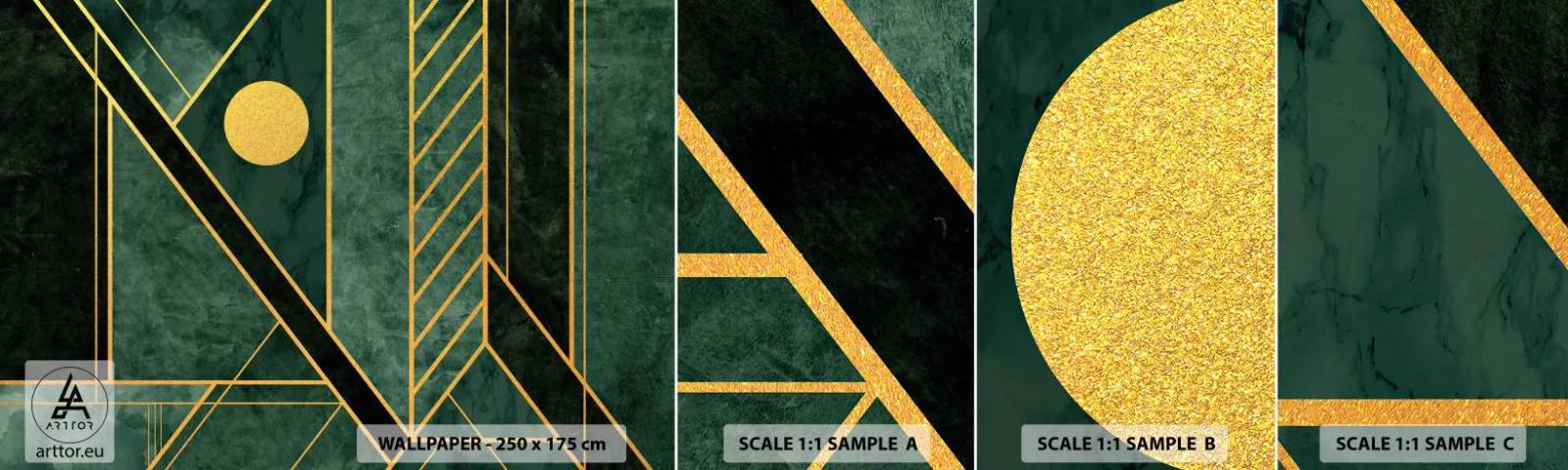 Échantillon de Papier Peint Autocollant Deluxe Sticker - Dynamique or et azur - Abstraction, Morceau, Motif géométrique - 100x30 cm