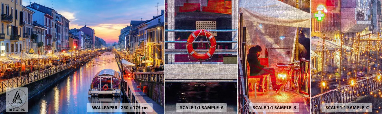 Échantillon de Papier Peint Premium Canvas - Soirée de lumière et de jeu - Ville, Milan, Italie - 100x30 cm