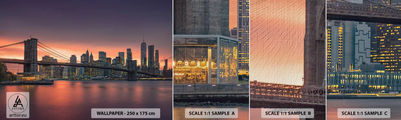 Échantillon de Papier Peint Premium Canvas - Immergé dans le silence lilas - New York, Ville, le pont de Brooklyn - 100x30 cm