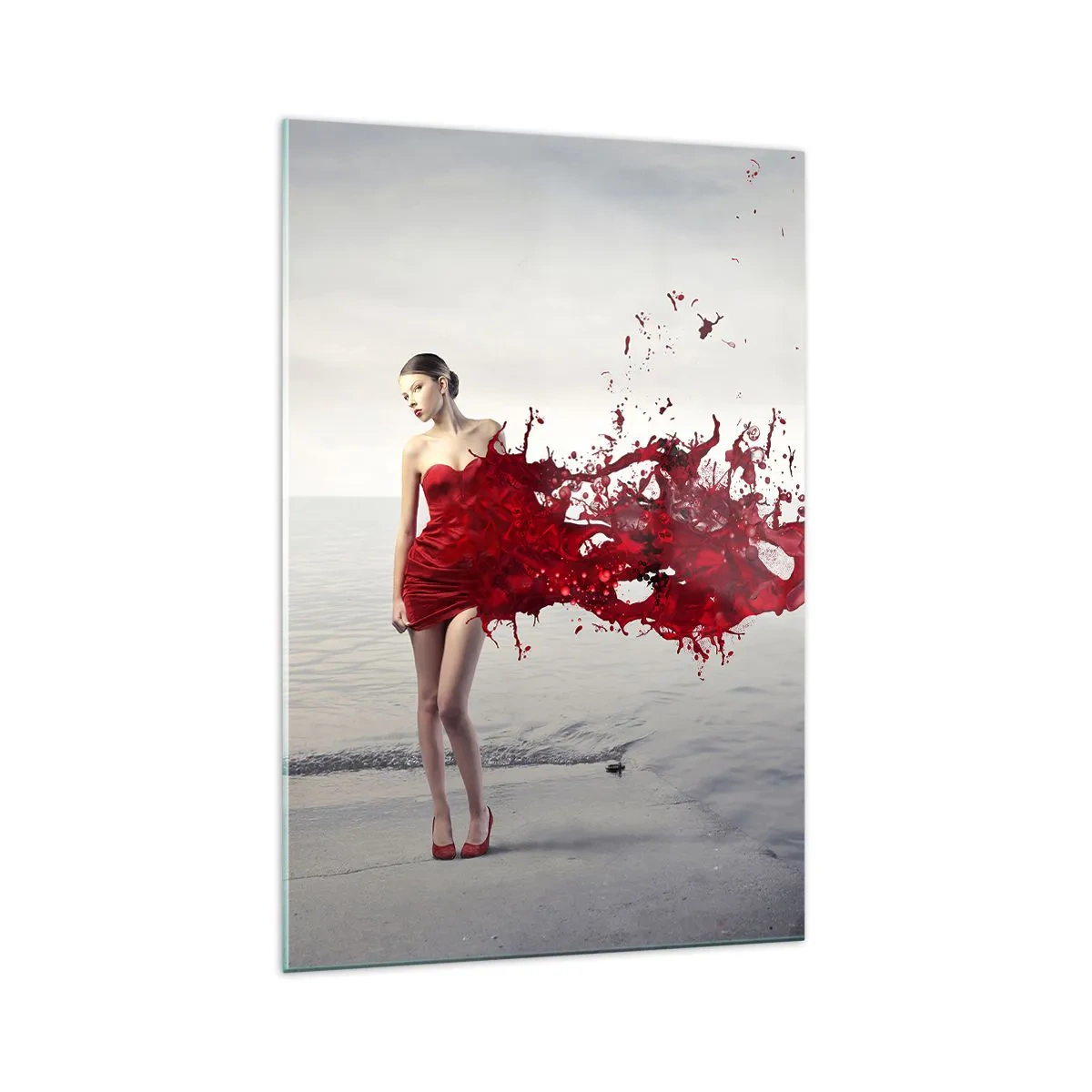 Impression sur verre - Image sur verre - Une femme en robe rouge dans une composition artistique au bord de l'eau - 70x100cm - Passionné comme l'écarlate - Décoration murale moderne pour le salon et la chambre ARTTOR