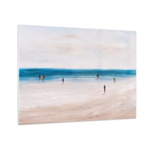 Impression sur verre - Image sur verre - Une plage tranquille avec des silhouettes de personnes marchant le long de la mer - 70x50cm - Un besoin naturel - Décoration murale moderne pour le salon et la chambre ARTTOR