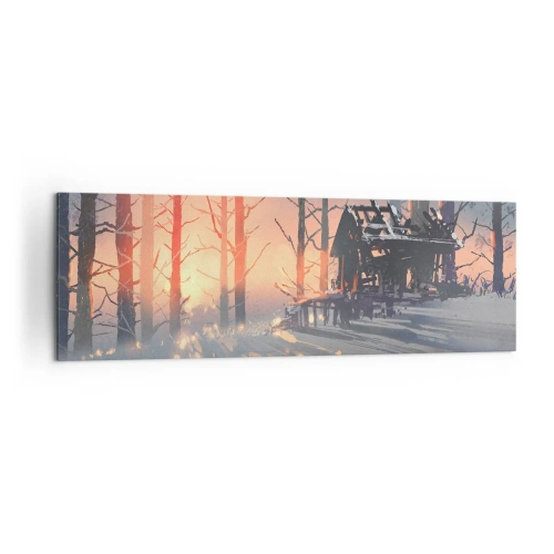 Impression sur toile - Image sur toile - Un chalet forestier dans un paysage hivernal avec les rayons du soleil couchant - 160x50cm - Seul le soleil regarde ici - Décoration murale moderne pour le salon et la chambre ARTTOR