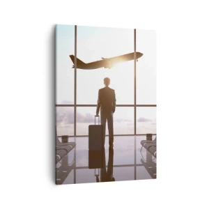 Impression sur toile - Image sur toile - Homme d'affaires à l'aéroport avec un avion en arrière-plan - 50x70cm - Vous avez le temps, ralentissez - Décoration murale moderne pour le salon et la chambre ARTTOR