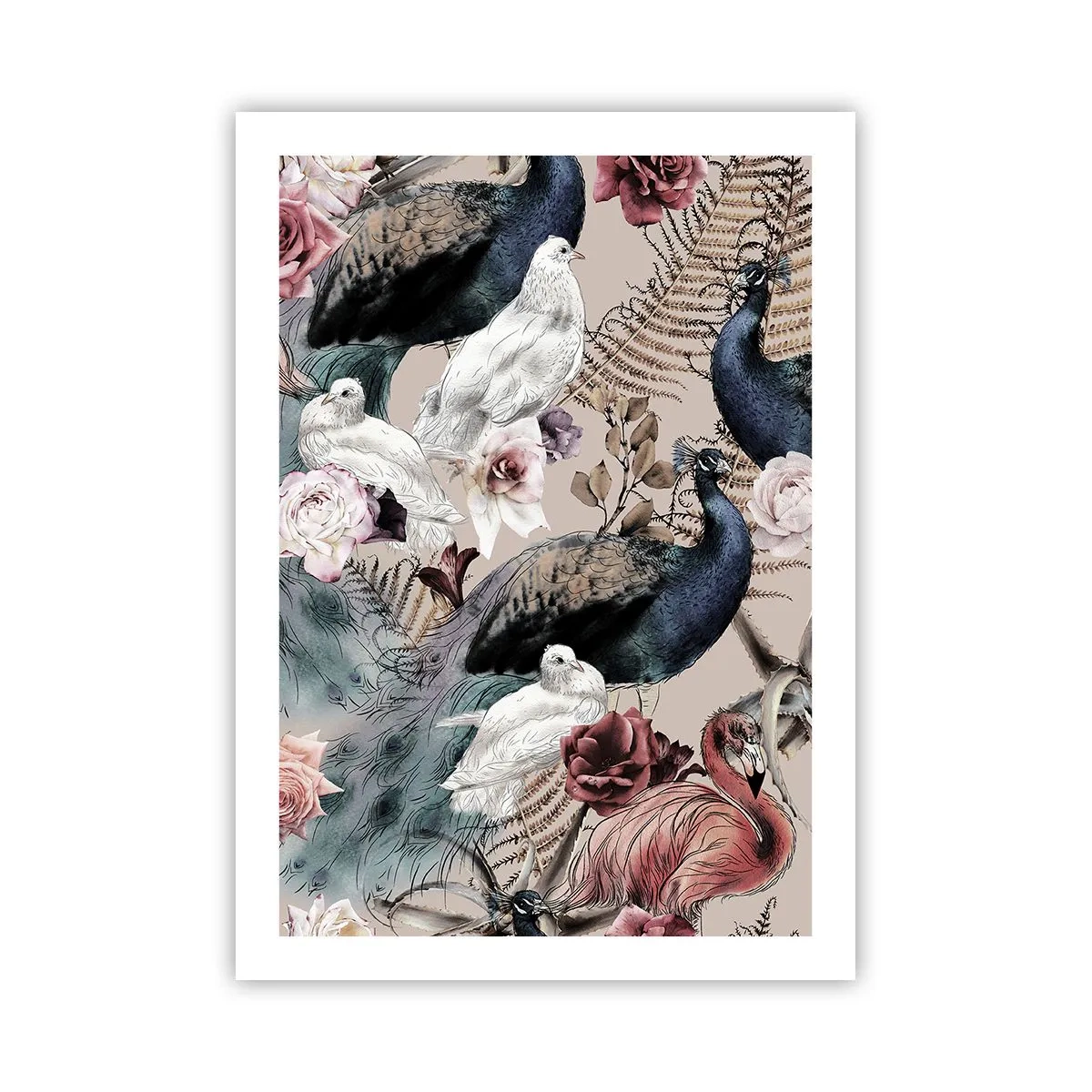 Affiche - Poster - Oiseaux et fleurs colorés sur fond beige - 50x70cm - Dans un jardin de palace - Décoration murale moderne pour le salon et la chambre ARTTOR