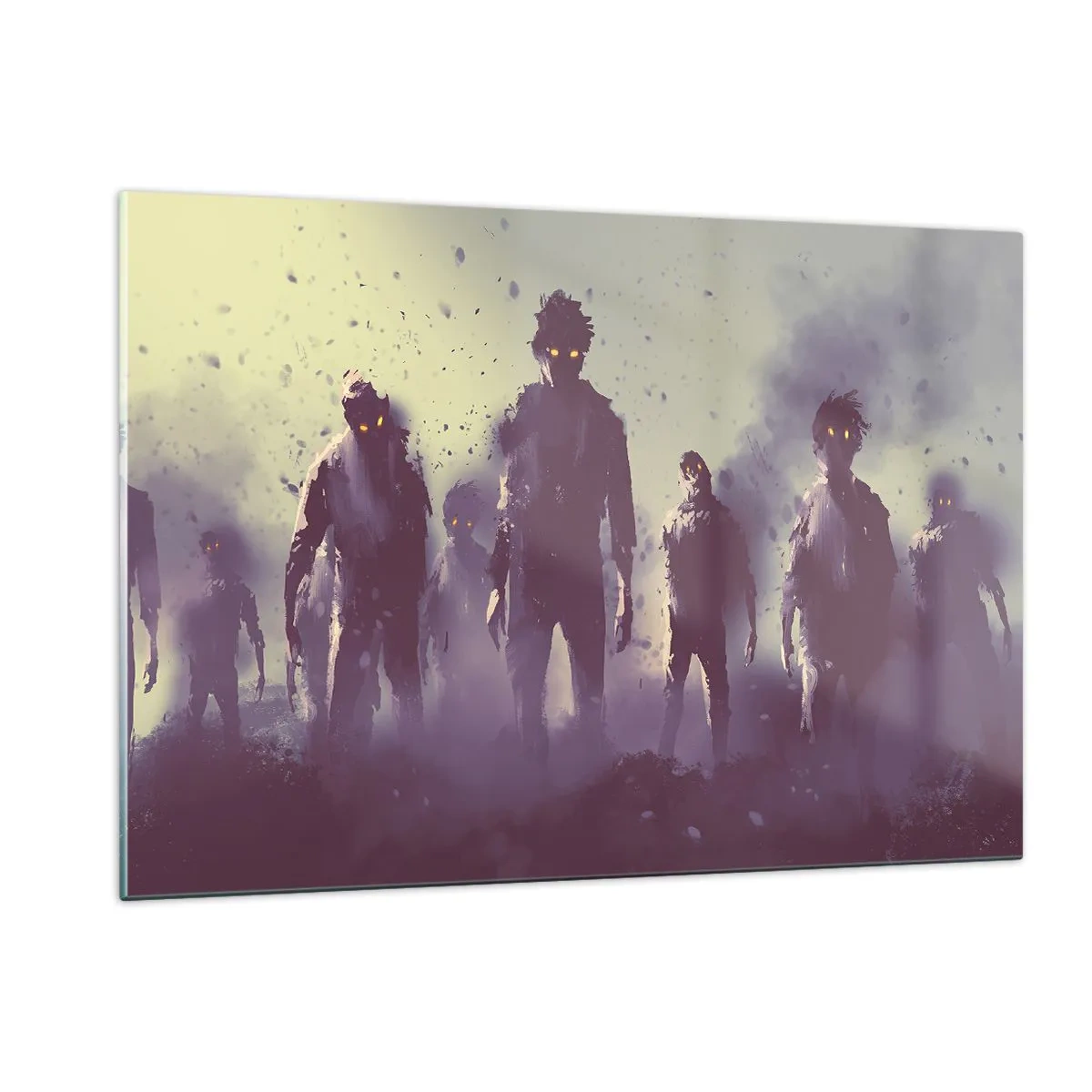 Impression sur verre - Image sur verre - Une illustration sombre d'un groupe de personnages dans le brouillard - 120x80cm - Fais attention! Ils arrivent - Décoration murale moderne pour le salon et la chambre ARTTOR
