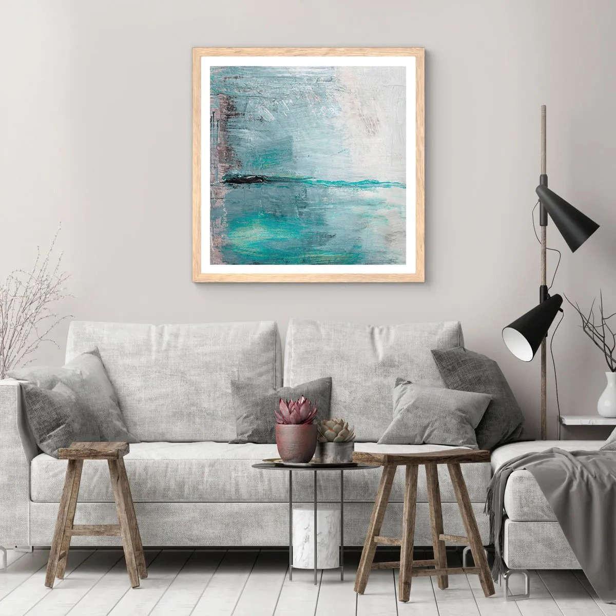 Affiche dans un chêne clair - Poster - Horizontalement en bleu - 60x60 cm