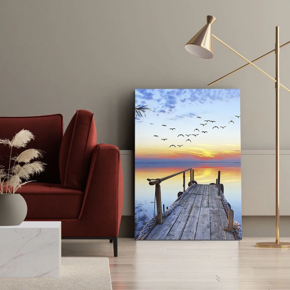 Impression sur toile - Image sur toile - Jetée en bois sur le lac au coucher du soleil - 80x120cm - Il est temps de rentrer... - Décoration murale moderne pour le salon et la chambre ARTTOR
