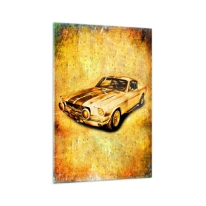 Impression sur verre - Image sur verre - Voiture de sport rétro classique sur fond vintage dans des tons dorés - 70x100cm - La folie des années 70 - Décoration murale moderne pour le salon et la chambre ARTTOR