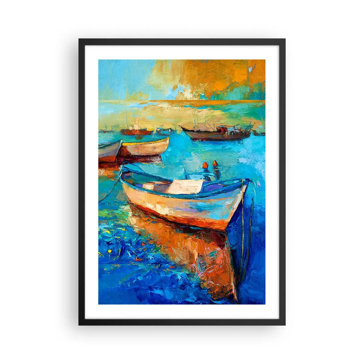 Affiche dans un cadre noir - Poster - Bateaux colorés sur l'eau dans un style impressionniste - 50x70cm - Dans la baie du sud - Décoration murale moderne pour le salon et la chambre ARTTOR