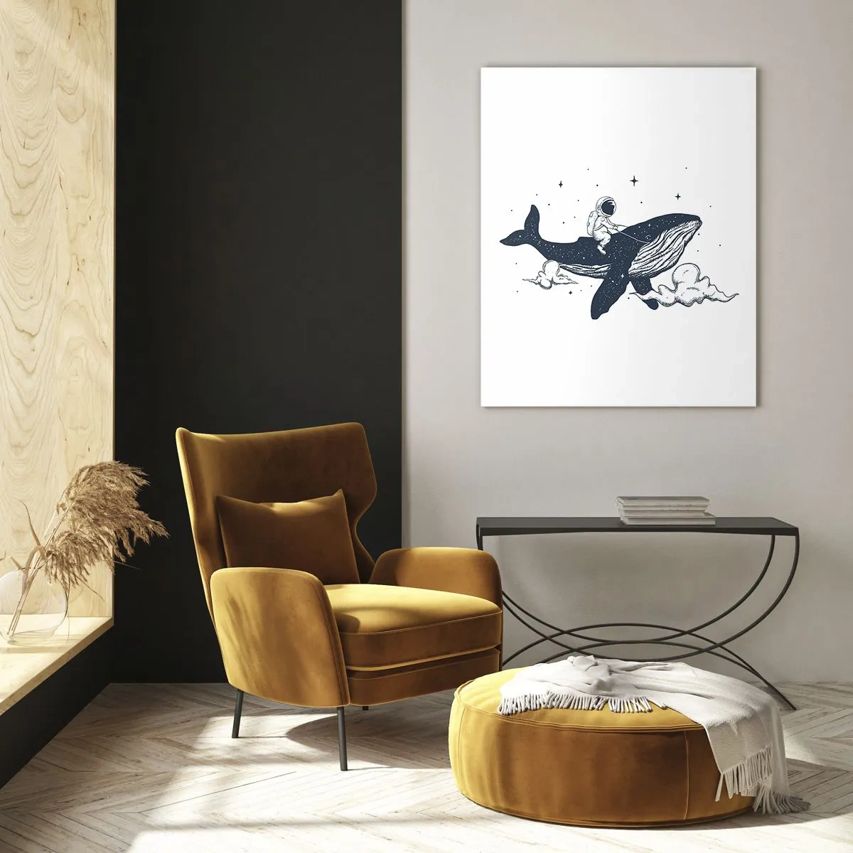 Impression sur verre - Image sur verre - Un astronaute chevauchant une baleine parmi les étoiles et les nuages - 50x70cm - Aventure spatiale - Décoration murale moderne pour le salon et la chambre ARTTOR