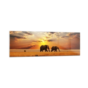 Impression sur verre - Image sur verre - Éléphants dans la savane au coucher du soleil - 160x50cm - Déambulation familliale - Décoration murale moderne pour le salon et la chambre ARTTOR