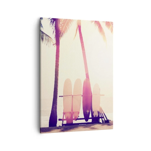 Impression sur toile - Image sur toile - Palmiers et planches de surf sur la plage au soleil - 50x70cm - Ca va être une journée magnifique - Décoration murale moderne pour le salon et la chambre ARTTOR