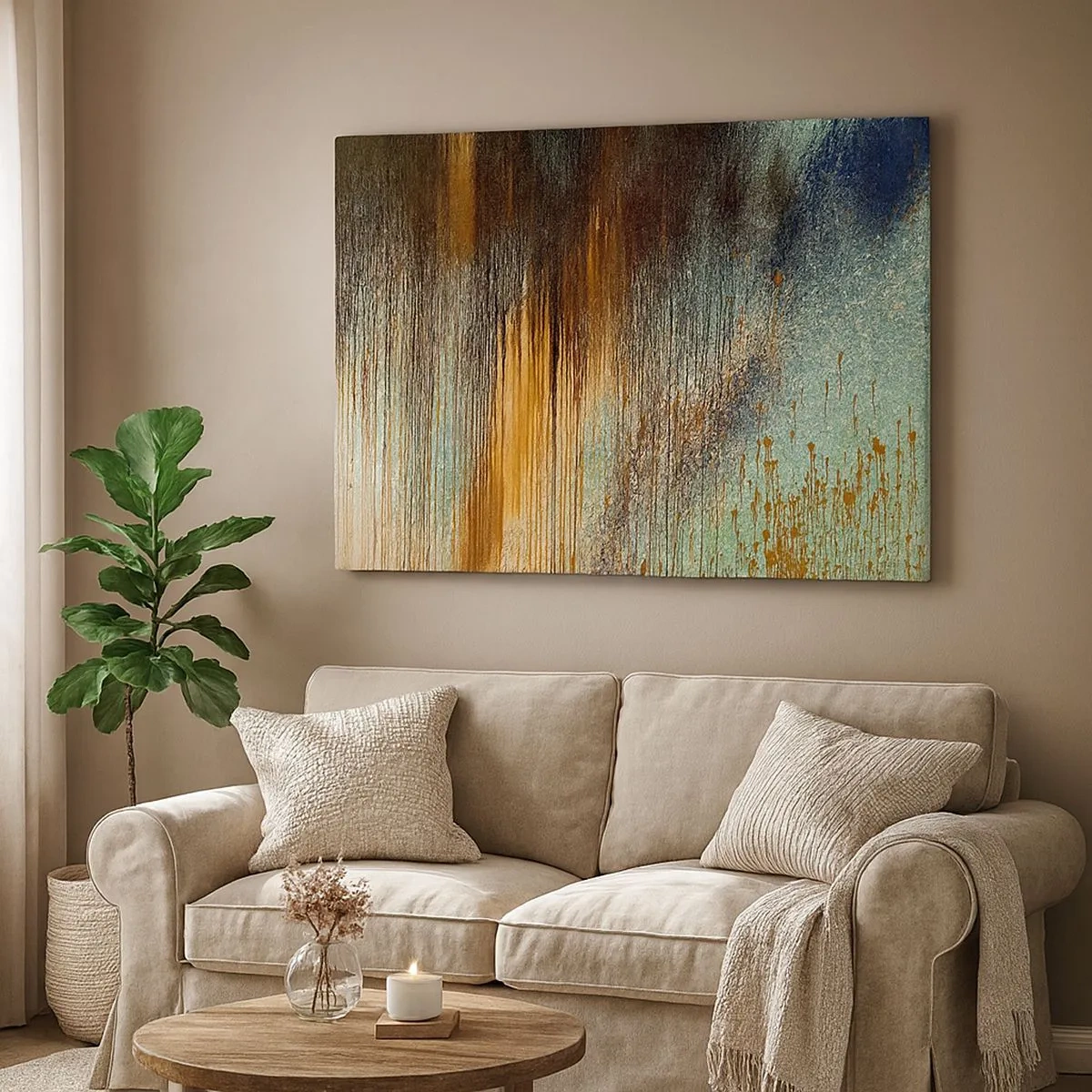 Impression sur toile - Image sur toile - Une composition abstraite de couleurs dans des tons d'or, de marron et de bleu. - 70x50cm - Une composition de couleirs non fortuite - Décoration murale moderne pour le salon et la chambre ARTTOR