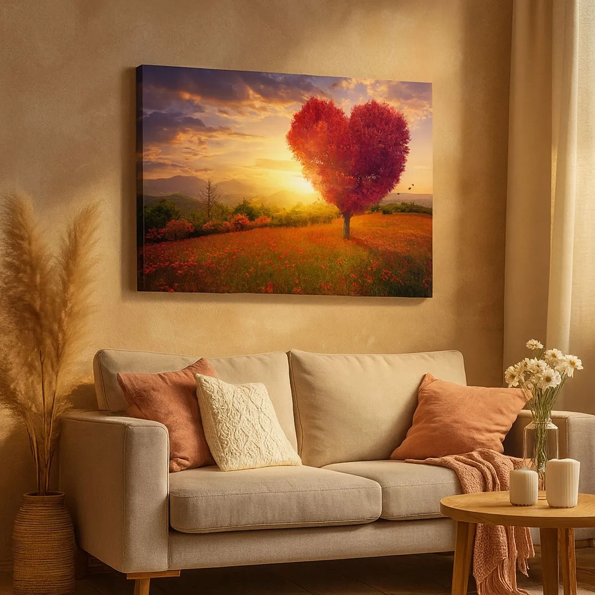 Impression sur toile - Image sur toile - Arbre en forme de cœur au coucher du soleil - 70x50cm - Touche le cœur - Décoration murale moderne pour le salon et la chambre ARTTOR