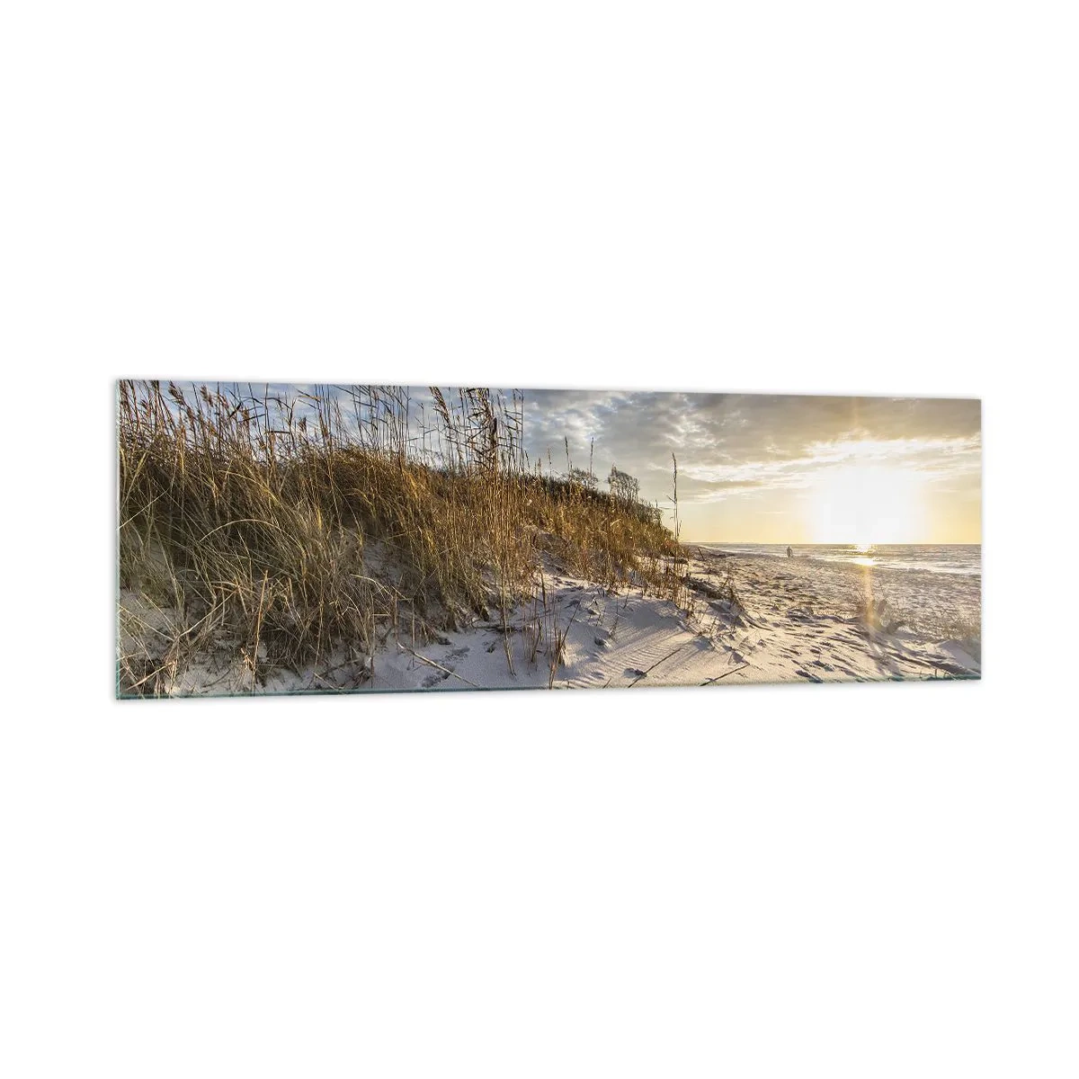 Impression sur verre - Image sur verre - Dunes avec de l'herbe et des empreintes de pas dans le sable au coucher du soleil - 160x50cm - Invitation à la ballade - Décoration murale moderne pour le salon et la chambre ARTTOR